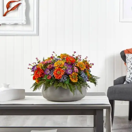 16" Mixed Floral Plant in Gray Garden Planter {6}