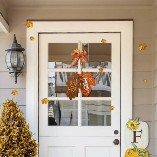 Glitzhome&reg; 24.5" Fall Wood Maple Leaves with Bowknot Door Hanger {7}