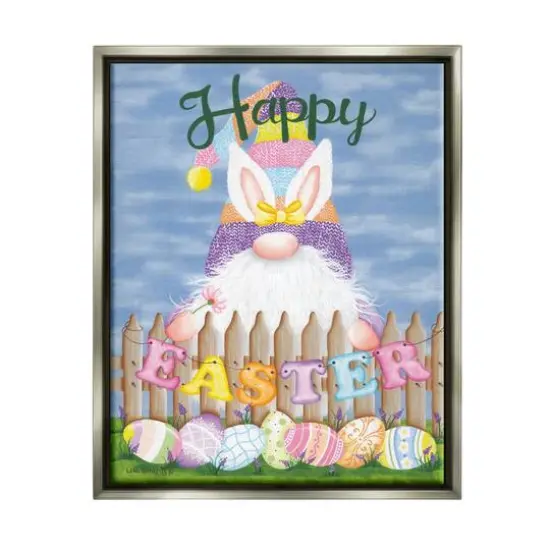 Stupell Industries Happy Easter Garden Gnome Eggs Floater Framed Art Gray {1}
