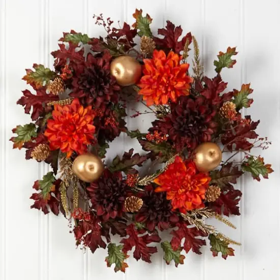 24" Fall Dahlia, Golden Apple, Oak Leaf & Berries Autumn Artificial Wreath {4}