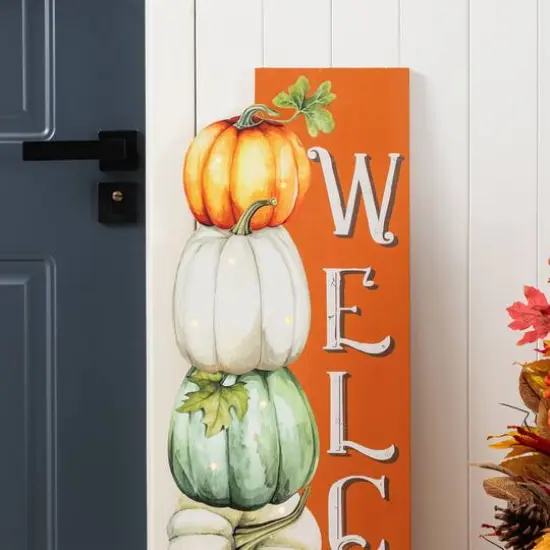 Glitzhome&reg; 42" Lighted Fall Wood Stacked Pumpkins Welcome Porch Sign with Timer {5}