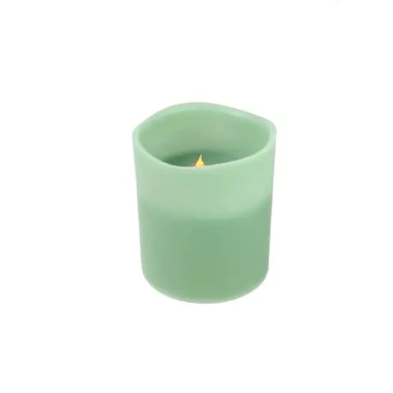 8" Sage Green LED 3-Wick Flickering Wax Pillar Candle {1}