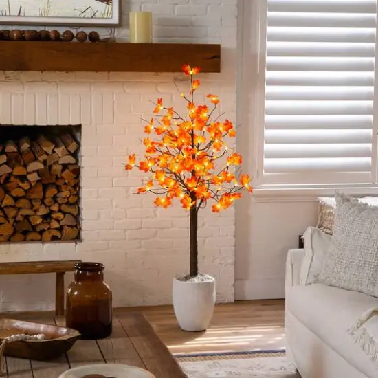 5ft. Pre-Lit Minimalist Autumn Maple Artificial Fall Tree with 96 LED Warm White & Orange Pumpkin Shaped Lights {9}