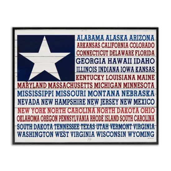 Stupell Industries U.S.A. Star Patriot Flag Listed State Typography Sign Framed Giclee Art Black {1}