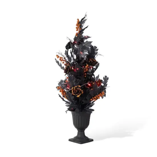 Glitzhome&reg; 36"H Halloween Lighted Black Rose with Orange Glitter Urn Porch Tree with Timer {1}