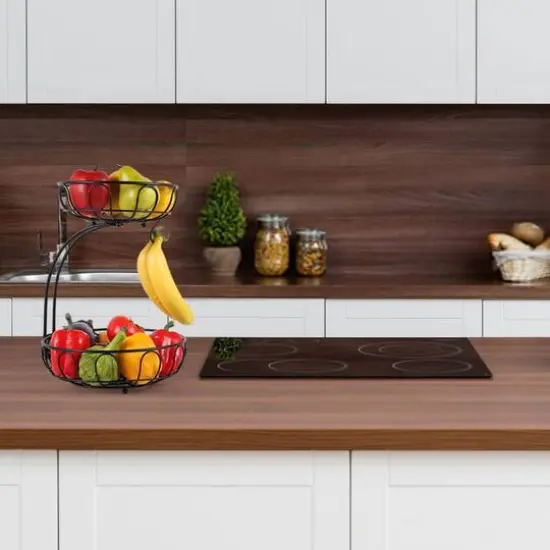 NEX™ 15" Black 2 Tier Fruit Basket Storage Holder with Banana Hanger {6}