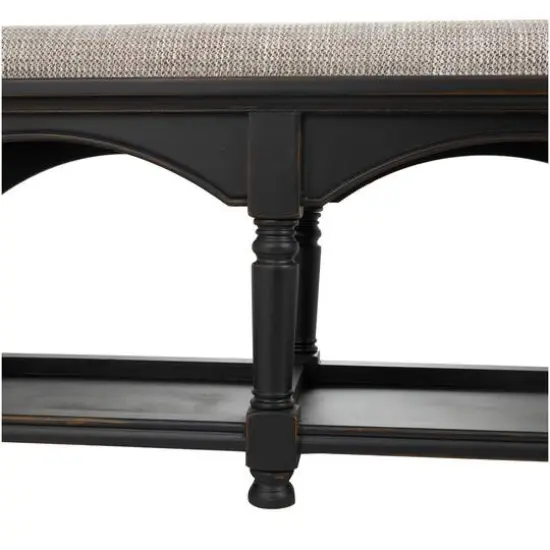 59" Black & Beige Fabric Arched Storage Bench with Traditional Turned Legs {5}