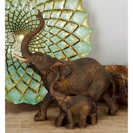 11" Brown Eclectic Polystone Elephants Sculpture {10}