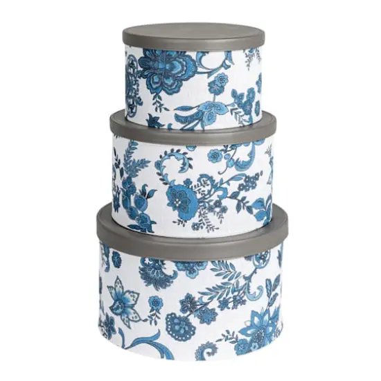 Household Essentials Cream & Blue Floral Nesting Hat Box Set with Faux Leather Lids {3}