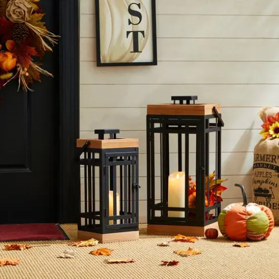 Glitzhome&reg; Black Modern Square Metal & Wood Lanterns Set {8}