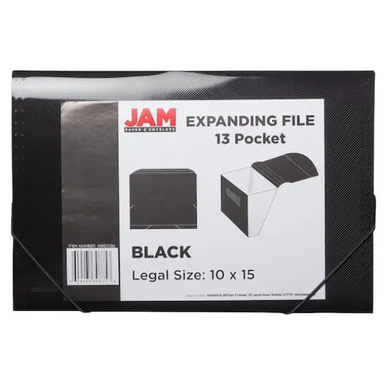 JAM Paper 10" x 15" Legal Size 13 Pocket Plastic Expanding File Accordion Folder Black {5}