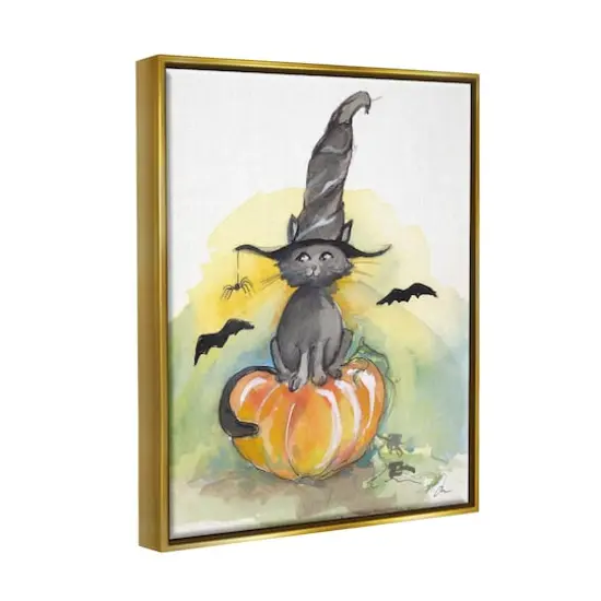Stupell Industries Witch Cat on Pumpkin Framed Floater Canvas Wall Art {4}