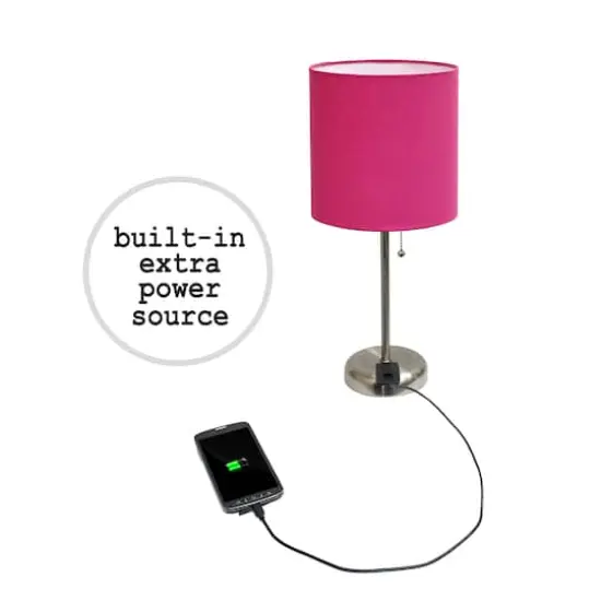 LimeLights 19.5" Brushed Steel Base Lamps with Charging Outlets, 2ct. Pink {7}