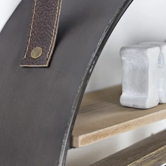 33" Metal & Wood Round Hanging Wall Shelf With Strap {4}