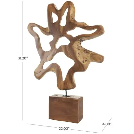 31" Brown Abstract Cutout Teak Wood Sculpture with Block Base {5}