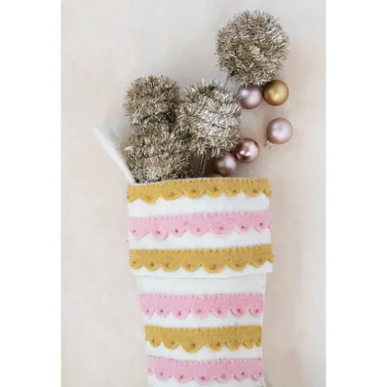 Hello Honey® 19" Pink, Cream & Mustard Wool Felt Stocking with Appliqued Scallops & Beads {3}
