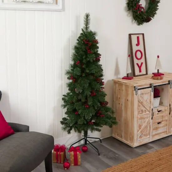 5ft. Pre-Lit Flat Back Montreal Mountain Pine Artificial Christmas Tree, White LED Lights {11}