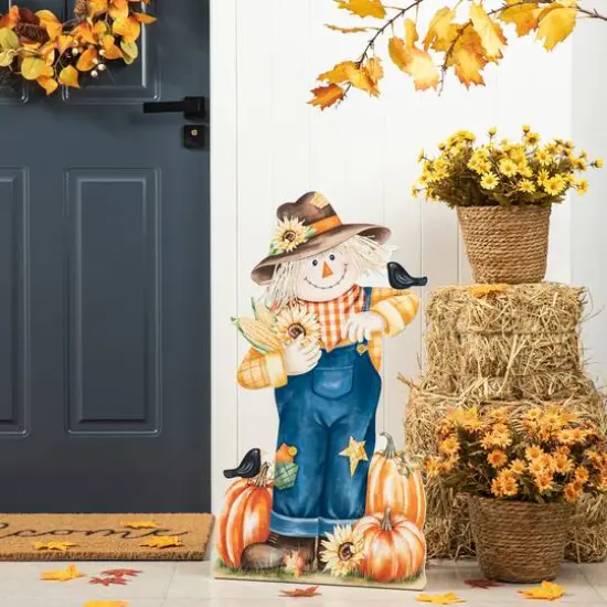 Glitzhome&reg; 2.5ft. Fall Wooden Painted Scarecrow Porch D&eacute;cor {4}