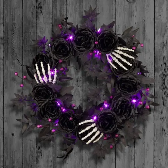 24" Bad to the Bone Black Flower & Skeleton Hand Halloween Pre-Lit LED Wreath {3}