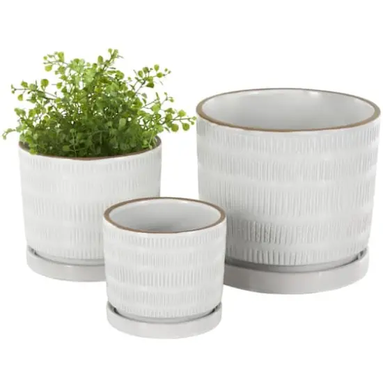 White Linear & Dotted Pattern Ceramic Planter Set {1}