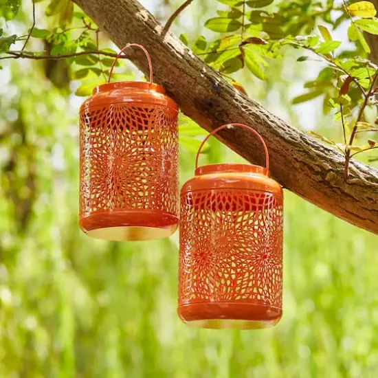 Glitzhome&reg; 8.75" Metal Cutout Solar Powered Hanging Lantern Set Orange {4}