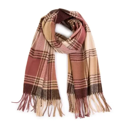 Glitzhome&reg; 77" Pink, Cream & Gray Plaid Scarf with Tassels {1}
