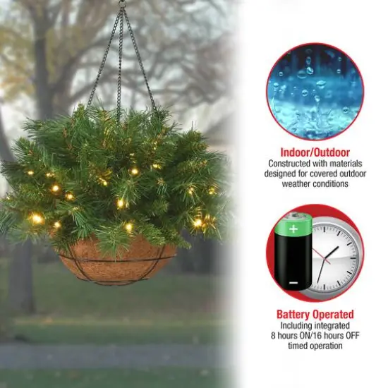 20" Tiffany Fir Hanging Basket With Warm White LED Battery Lights {7}