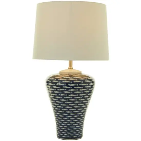 Dark Blue Ceramic Gourd Style Base Fish Table Lamp with Drum Shade 15" x 15" x 29" {1}