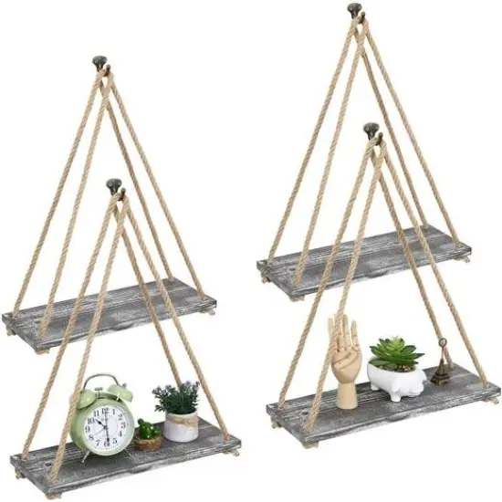 NEX&trade; 16" Gray Whitewash Hanging Rope Wood Wall Shelves, 4ct. {1}