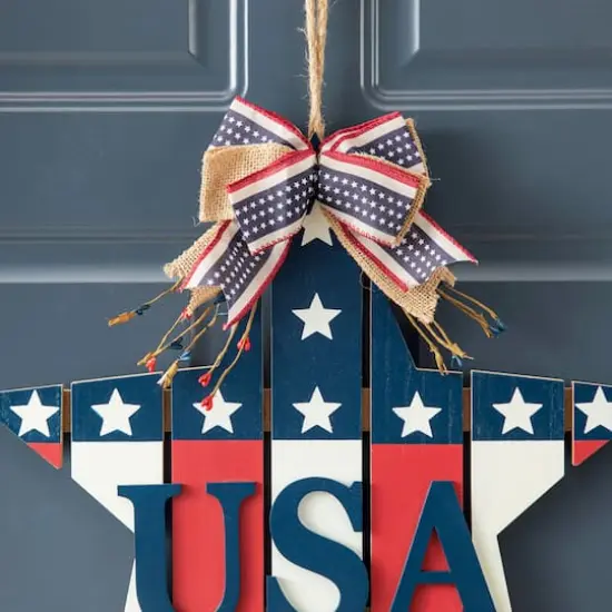 Glitzhome&reg; 19" Patriotic American Wooden Star Door Hanger {4}