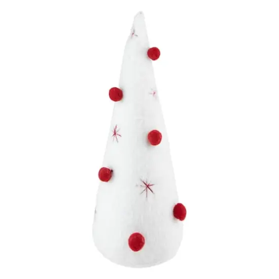 12" White Plush Christmas Cone Tree with Red Pompom Ornaments {5}