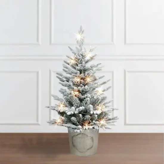 3ft. Pre-Lit Potted Flocked Artificial Christmas Tree, White LED Lights {4}