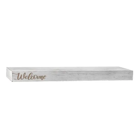 Whitewashed "Welcome" Text Engraving Floating Wall Shelf {1}