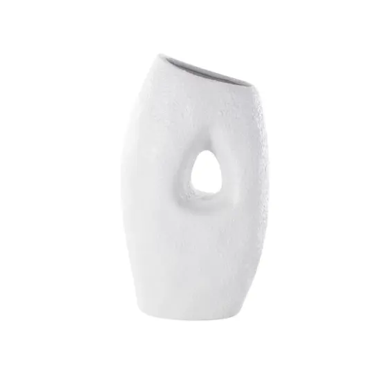 15" White Ceramic Abstract Textured Vase with Cutout Center {4}