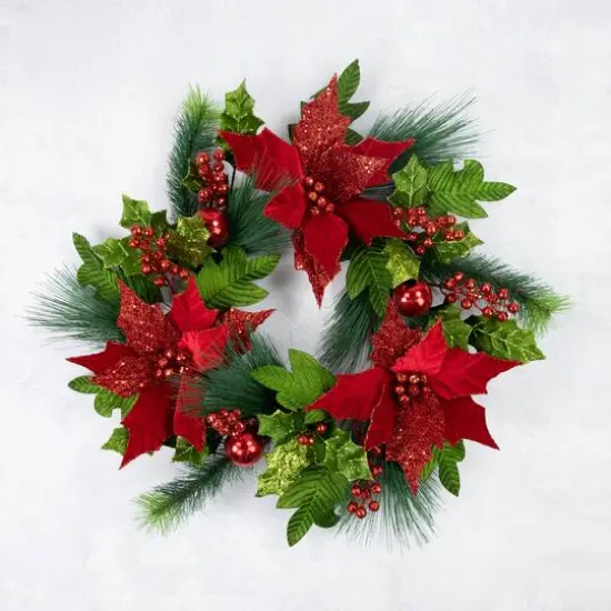 24" Red Glittered Poinsettia & Long Pine Christmas Wreath {5}