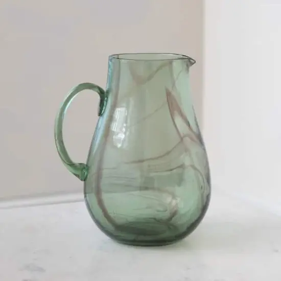 10" Green & Purple Marbled Elegance Hand-Blown Glass Pitcher {3}