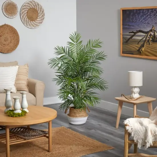 4ft. Areca Artificial Palm in Boho Chic Handmade Cotton & Jute White Woven Planter {5}