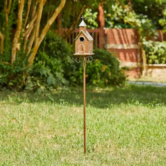 Glitzhome&reg; 4ft. Faux Copper Distressed Metal Church Birdhouse with Stake {6}