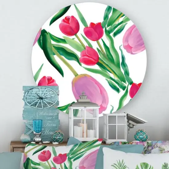 Designart - Blooming Beautiful Pink Tulips Flowers - Traditional Metal Circle Wall Art {3}