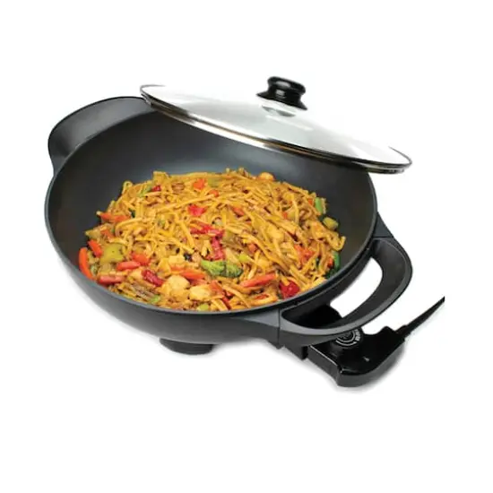 Brentwood 13" Black Nonstick Flat Bottom Electric Wok Skillet with Vented Glass Lid {6}
