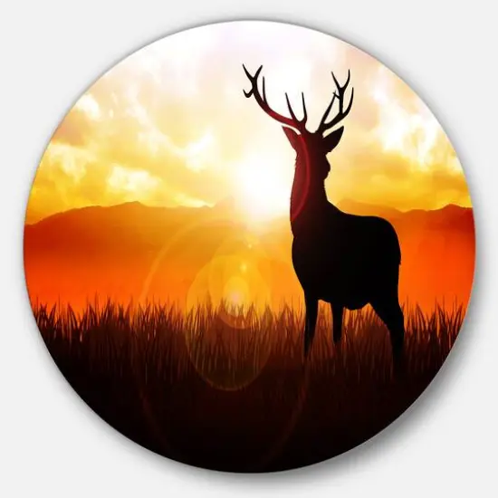 Designart - Deer on Meadow During Sunrise' Disc Animal Metal Circle Wall Art {1}