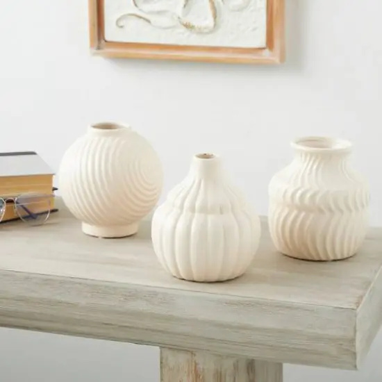 6" Cream Ceramic Abstract Textured Vase Set {10}