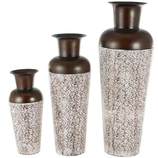 White & Brown Spotted Tapered Floor Metal Vase Set {1}