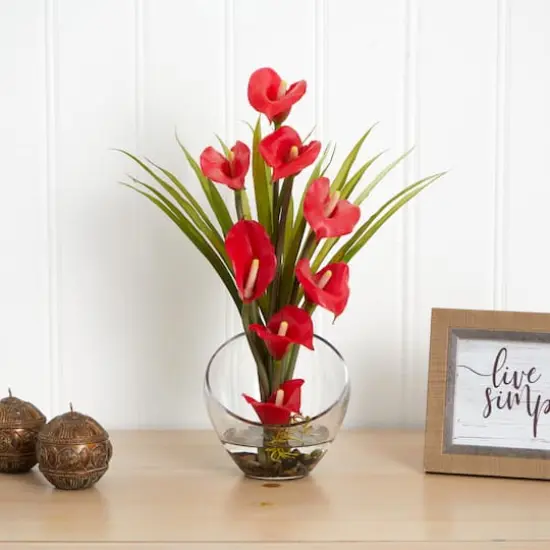 15.5" Red Calla Lily & Grass Arrangement in Vase {3}