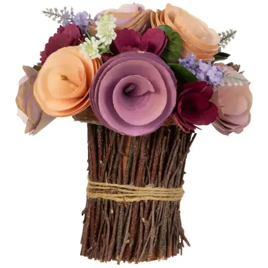 9.5" Wine Red & Purple Wooden Floral Artificial Spring Bouquet {1}