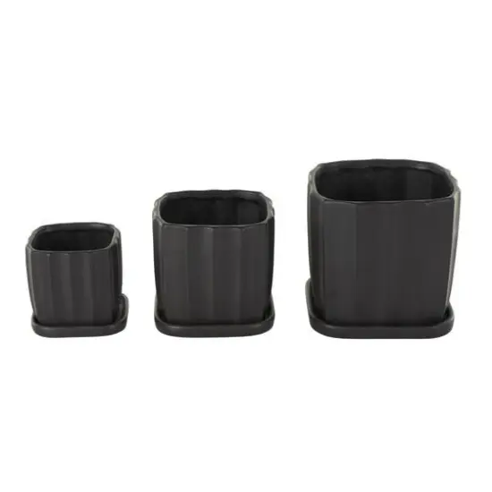 Black Square Wide Groove Textured Ceramic Planter Set {7}