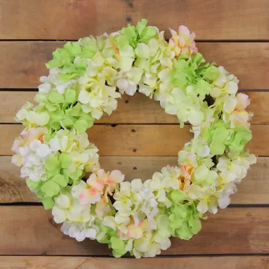 15" Yellow, Green & Pink Hydrangea Flower Artificial Spring Wreath {4}