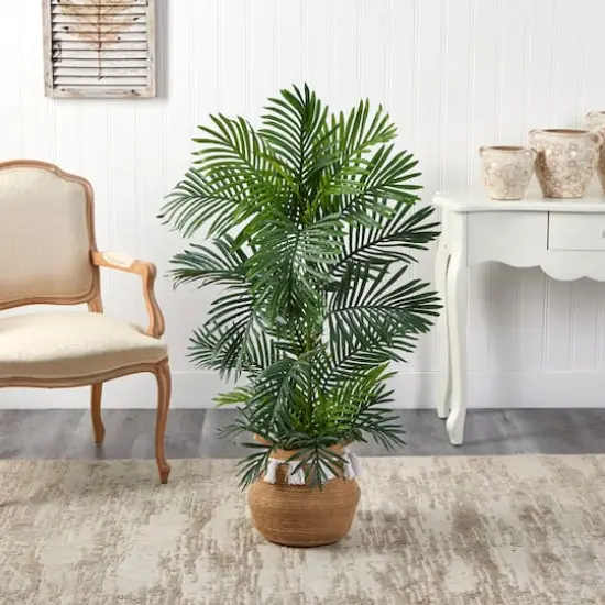 4ft. Areca Artificial Palm Tree in Boho Chic Handmade Natural Cotton Woven Planter with Tassels UV Resistant (Indoor/Outdoor) {4}