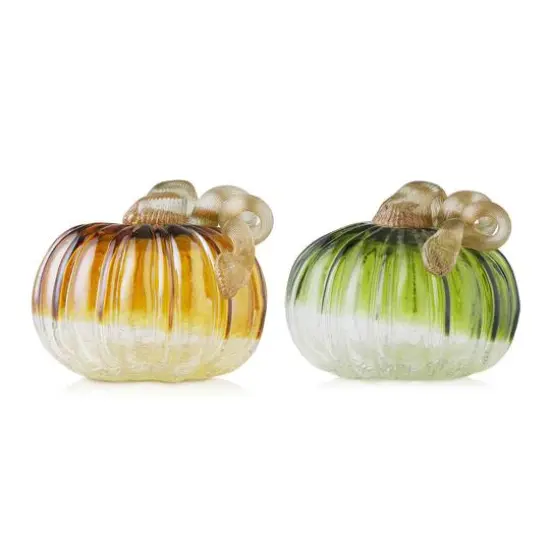 Glitzhome&reg; Green & Amber Crackle Glass Short Pumpkin Set {10}