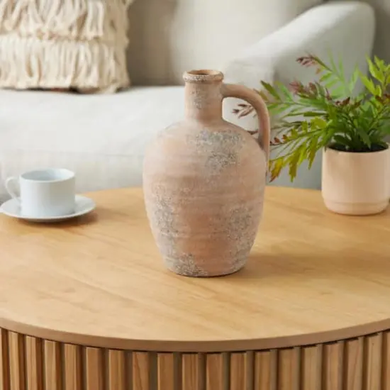 11" Beige Antique-Style Distressed Ceramic Vase with Handle {3}